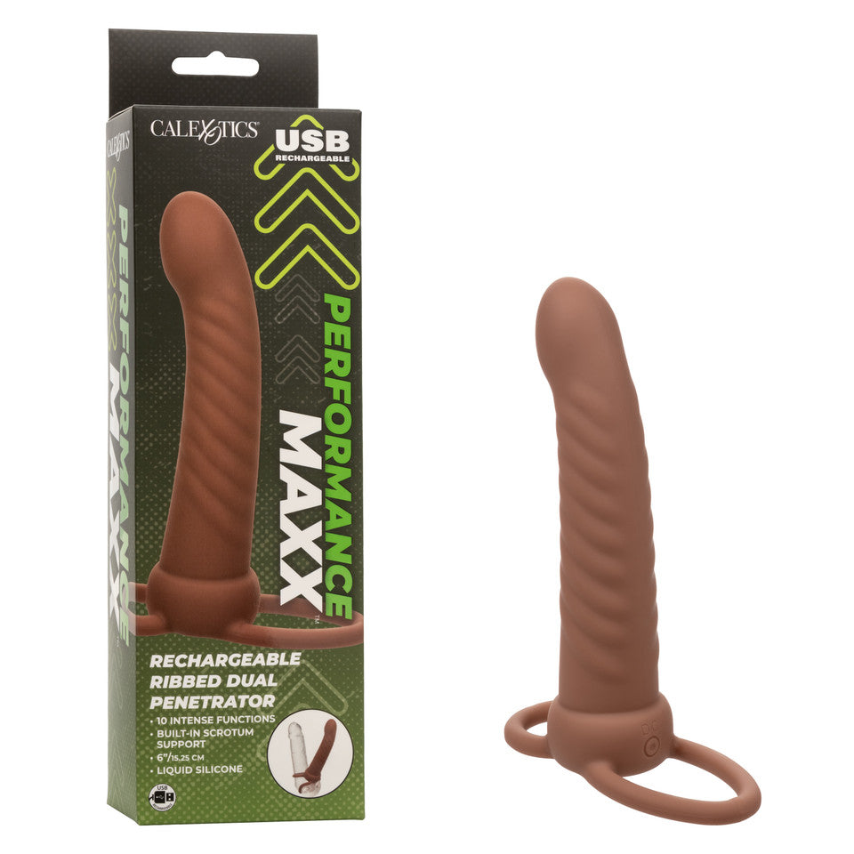 Dildo Performance Performance Maxx™ Rechargeable Ribbed Dual Penetrator - 15 cm- Brown - Cake Sex Shop