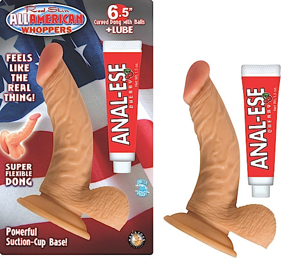 Dildo All American Whoppers 6.5" Curved Dong With Balls + Lube Flesh - Cake Sex Shop