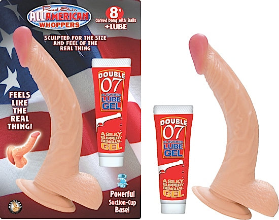 Dildo All American Whoppers 8" Curved Dong With Balls + Lube Flesh - Cake Sex Shop