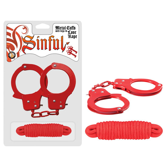 Esposas Sinful Metal Cuffs W/Keys & Love Rope- Red - Cake Sex Shop