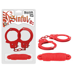 Esposas Sinful Metal Cuffs W/Keys & Love Rope- Red - Cake Sex Shop