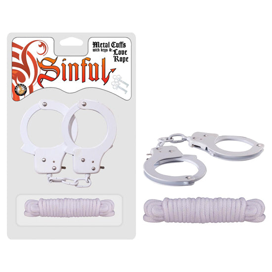 Esposas Sinful Metal Cuffs W/Keys & Love Rope – White - Cake Sex Shop