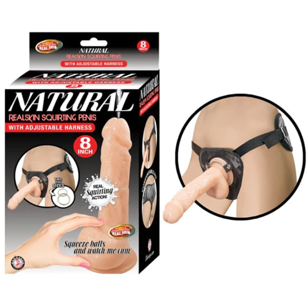 Natural Realskin Squirting Penis W/Adjustable Harness 8"Flesh - Cake Sex Shop