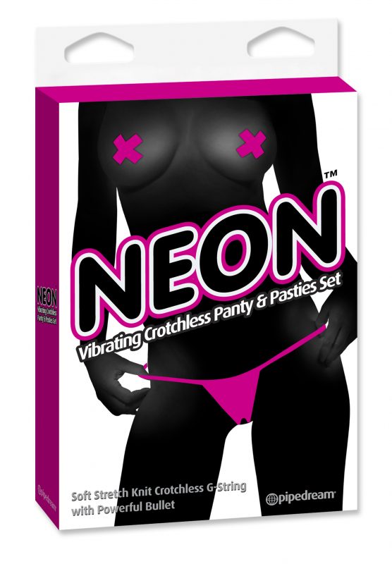 Tanga Neon Vibrating Crotchless Panty and Pasties Set Pink - Cake Sex Shop