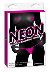 Tanga Neon Vibrating Crotchless Panty and Pasties Set Pink - Cake Sex Shop