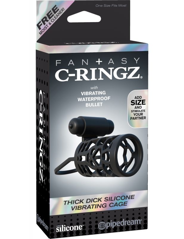 Jaula Fantasy C-Ringz Thick Dick Silicone Vibrating Cage - Black - Cake Sex Shop