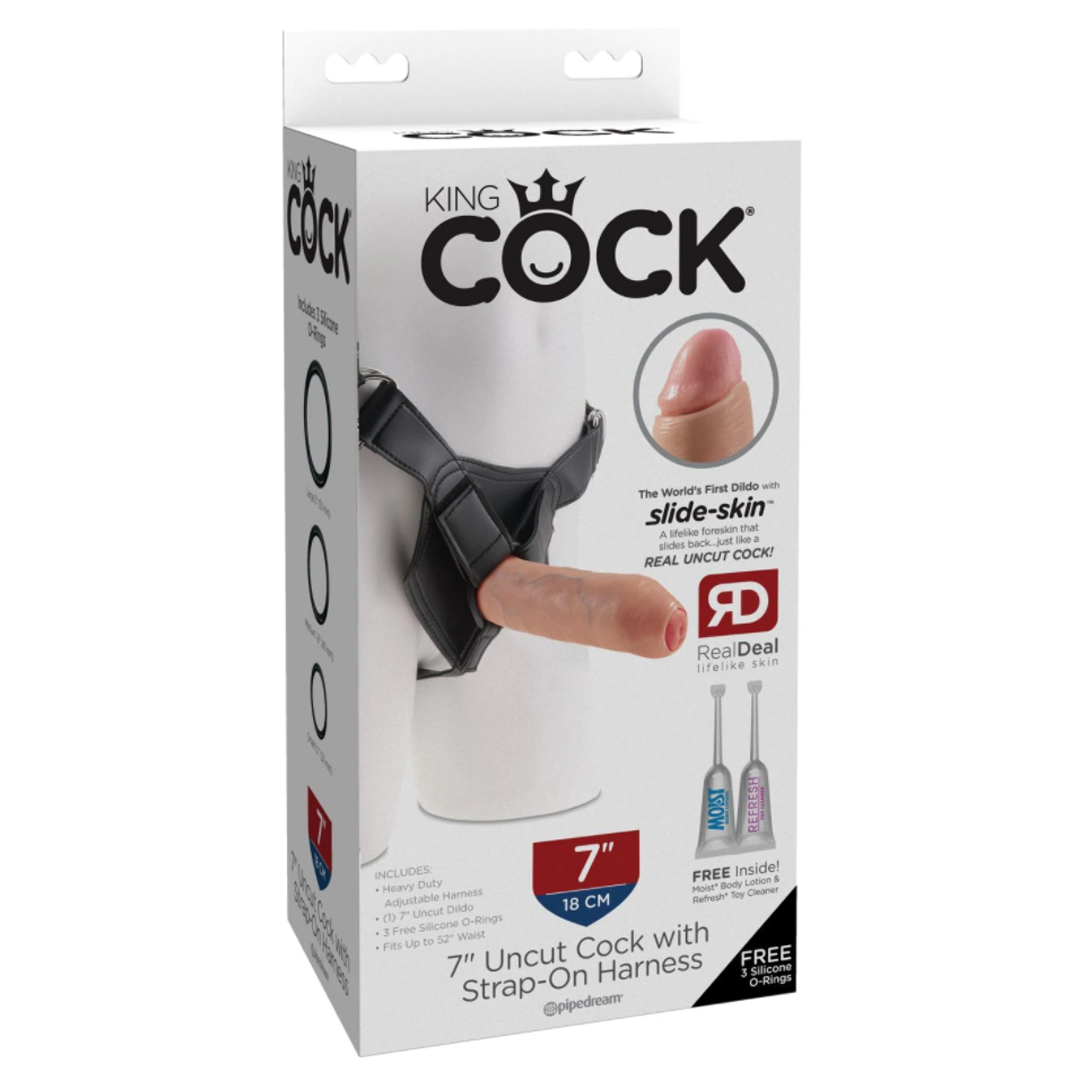 Dildo King Cock Uncut With Strap-On Harness 7" Flesh - Cake Sex Shop