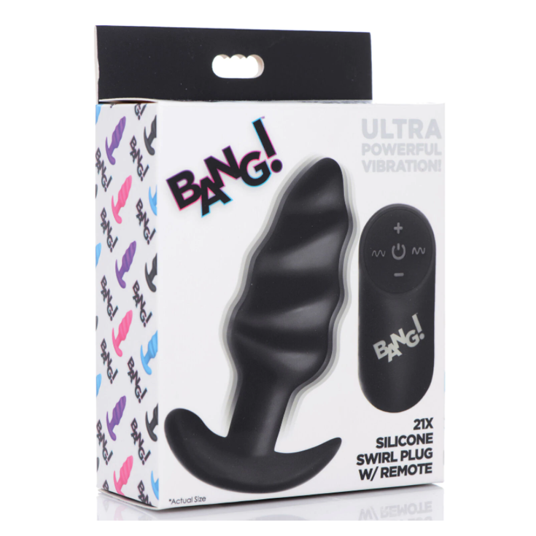 Plug Bang 21X Vibrating Silicone Swirl Butt Plug W/ Remote Control-Black - Cake Sex Shop