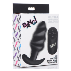 Plug Bang 21X Vibrating Silicone Swirl Butt Plug W/ Remote Control-Black - Cake Sex Shop