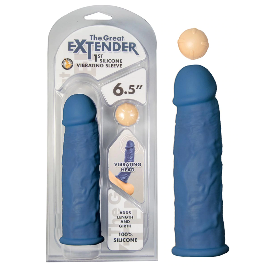 Extensión The Great Extender 1St Silicone Vibrating Sleeve 6.5'' Blue - Cake Sex Shop