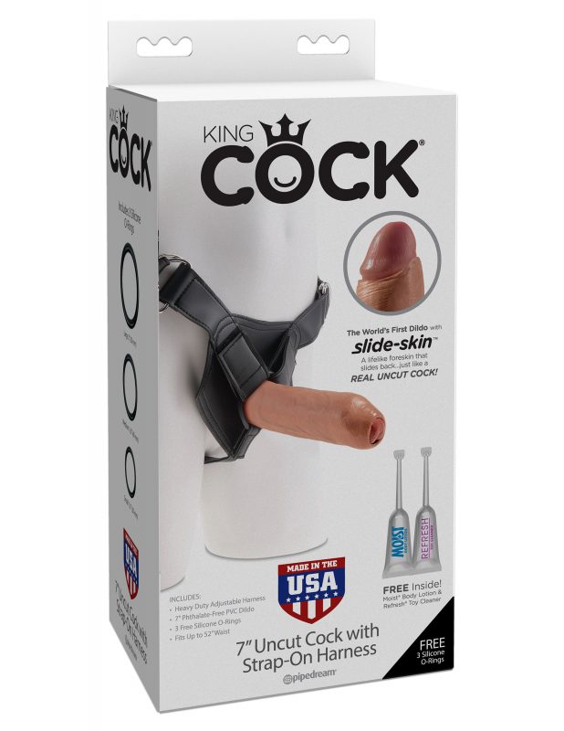 Dildo King Cock Uncut With Strap-On Harness Tan 7" - Cake Sex Shop